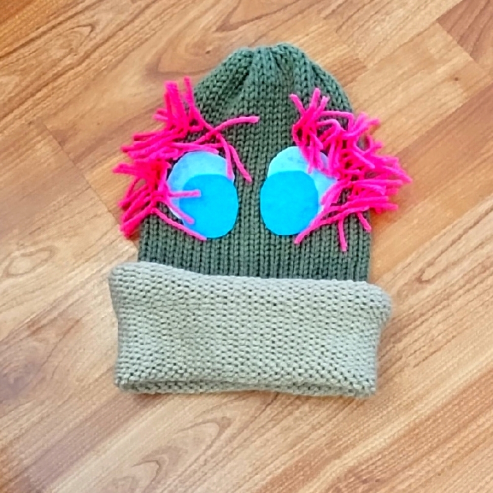Handmade Green Knit Hat with Pink Accents